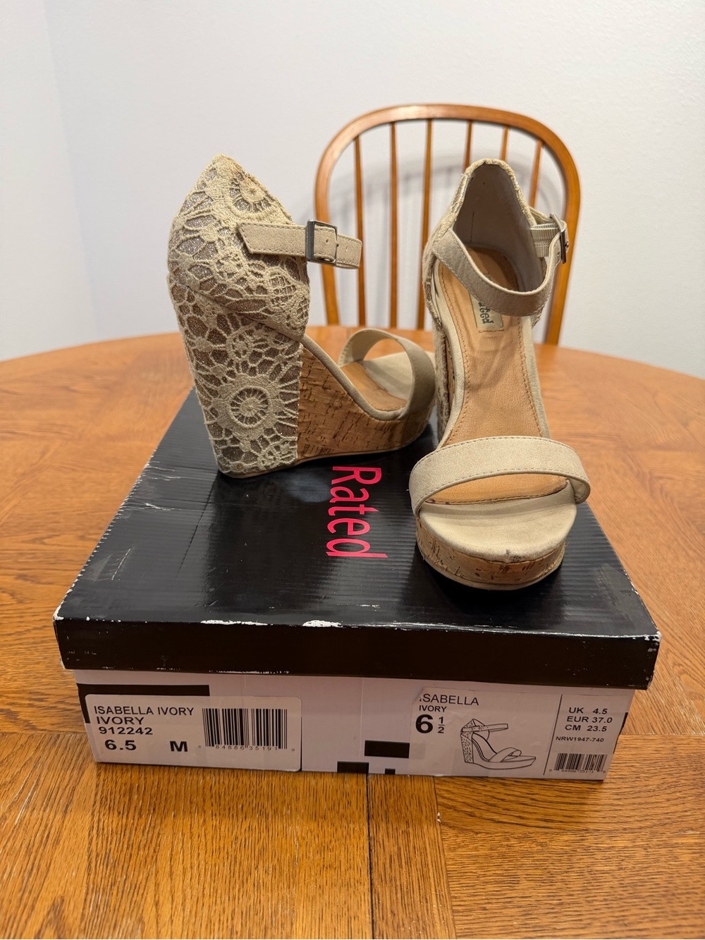 Not Rated Isabella Ivory Lace Cork Wedge Platform Sandals size 6.5